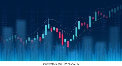 Financial chart with moving up stock market graph in neon light color background