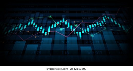 Financial chart with moving up stock market graph in blue light color background