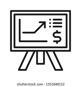 Financial chart on stand standing board, financial planning icon. Stroke outline style. Vector. Isolate on white background.