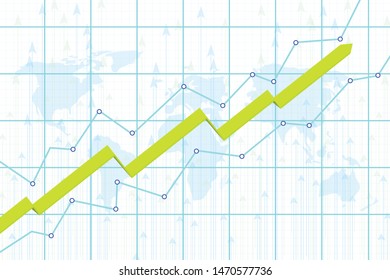 Financial chart on a world map. Up arrow movement. Vector graphics.  Market, Ascending, Success