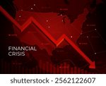 Financial chart with a red falling trend line against USA, symbolizing the market downturn and financial crisis. Recession in the economy. Decline in macro-economic indicators. Vector illustration.