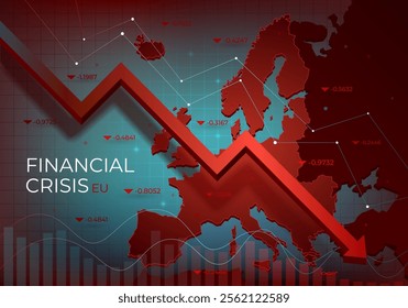 Financial chart with a red falling trend line against Europe, symbolizing the market downturn and financial crisis. Recession in the economy. Decline in macro-economic indicators. Vector illustration.