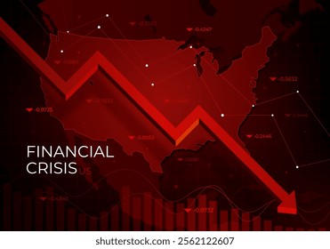 Financial chart with a red falling trend line against USA, symbolizing the market downturn and financial crisis. Recession in the economy. Decline in macro-economic indicators. Vector illustration.