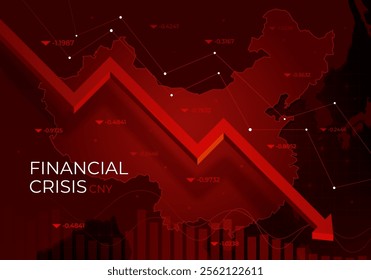 Financial chart with a red falling trend line against China, symbolizing the market downturn and financial crisis. Recession in the economy. Decline in macro-economic indicators. Vector illustration.