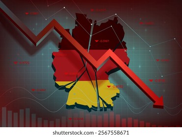 Financial chart with a red falling trend line against Germany, symbolizing the market downturn and financial crisis. Recession in the economy. Decline in macro-economic indicators. Vector illustration