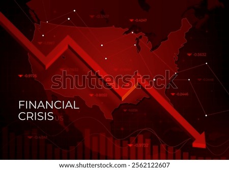 Financial chart with a red falling trend line against USA, symbolizing the market downturn and financial crisis. Recession in the economy. Decline in macro-economic indicators. Vector illustration.