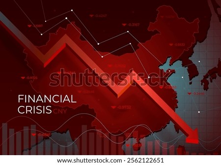 Financial chart with a red falling trend line against China, symbolizing the market downturn and financial crisis. Recession in the economy. Decline in macro-economic indicators. Vector illustration.