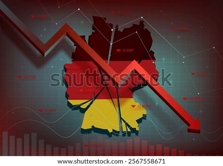 Financial chart with a red falling trend line against Germany, symbolizing the market downturn and financial crisis. Recession in the economy. Decline in macro-economic indicators. Vector illustration