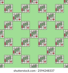 Financial chart with Red Heart vector I Love Investment and Trading concept colored seamless pattern