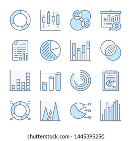 Financial chart, Report graph and Business analytics related blue line colored icons.
