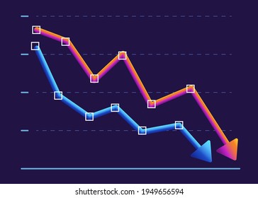 Financial chart with two arrows moving down. Modern design red and blue 3d graphics on dark background. concept of collapse and fall. Vector illustration.  