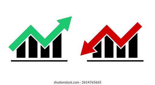 Financial chart with upward and downward arrows. Vector graph illustration showing green growth and red decline. EPS 10 data concept.