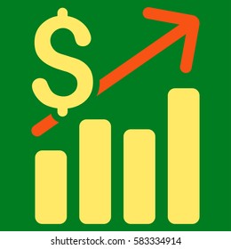 Financial Chart vector pictograph. Illustration style is a flat iconic bicolor orange and yellow symbol on green background.