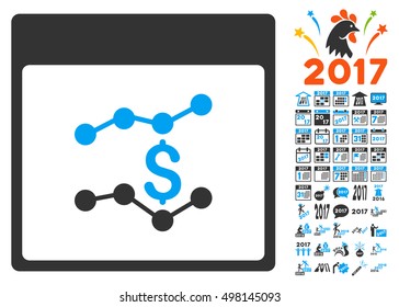 Financial Charts Calendar Page icon with bonus calendar and time management graphic icons. Vector illustration style is flat iconic symbols, blue and gray colors, white background.