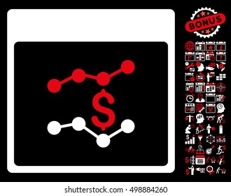 Financial Charts Calendar Page pictograph with bonus calendar and time management pictures. Vector illustration style is flat iconic symbols, red and white, black background.