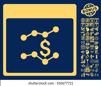 Financial Charts Calendar Page pictograph with bonus calendar and time management symbols. Vector illustration style is flat iconic symbols, yellow, blue background.