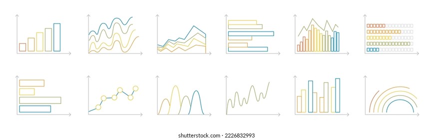Gráficos financieros, estadísticas de datos de información, diagramas, información financiera, gráficos de mercado y gráficos de datos empresariales. Gráficos en la ilustración de vector de línea delgada.