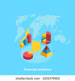 financial charts on the background of the world map, isometric image