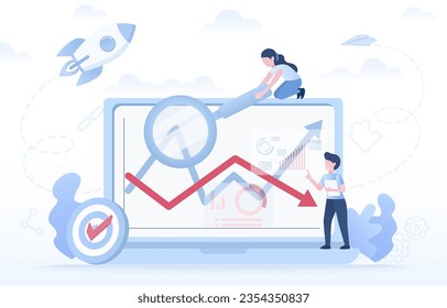 Gráficos financieros, mostrando tanto tendencias ascendentes como descendentes, flechas rojas y azules. Crecimiento de las empresas, inversión y plan estratégico. Ilustración de diseño de vector plano.