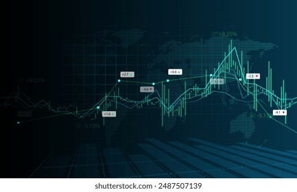 Financial charts and stock graphs on world map background. trading exchange market charts