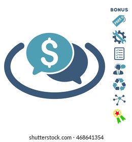 Financial Chat Area icon with bonus pictograms. Vector illustration style is flat iconic bicolor symbols, cyan and blue colors, white background, rounded angles.