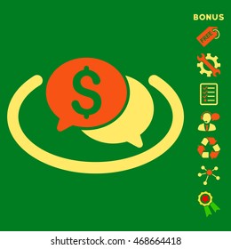 Financial Chat Area icon with bonus pictograms. Vector illustration style is flat iconic bicolor symbols, orange and yellow colors, green background, rounded angles.
