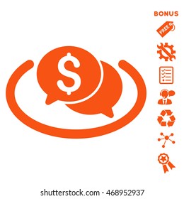 Financial Chat Area icon with bonus pictograms. Vector illustration style is flat iconic symbols, orange color, white background, rounded angles.