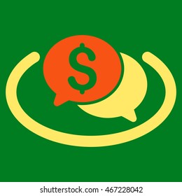 Financial Chat Area icon. Vector style is bicolor flat iconic symbol with rounded angles, orange and yellow colors, green background.