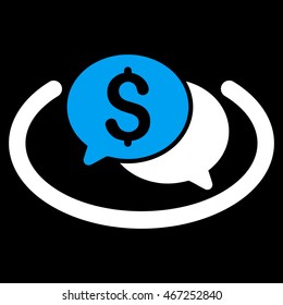 Financial Chat Area icon. Vector style is bicolor flat iconic symbol with rounded angles, blue and white colors, black background.