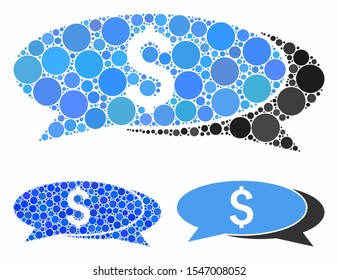 Financial chat composition of round dots in different sizes and color tones, based on financial chat icon. Vector round dots are united into blue collage.