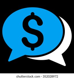 Financial Chat vector icon. Style is bicolor flat symbol, blue and white colors, rounded angles, black background.