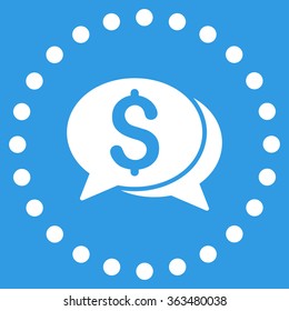 Financial Chat vector icon. Style is flat circled symbol, white color, rounded angles, blue background.