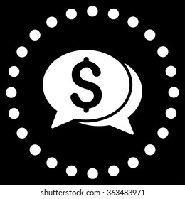 Financial Chat vector icon. Style is flat circled symbol, white color, rounded angles, black background.
