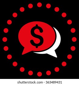 Financial Chat vector icon. Style is bicolor flat circled symbol, red and white colors, rounded angles, black background.