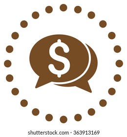 Financial Chat vector icon. Style is flat circled symbol, brown color, rounded angles, white background.
