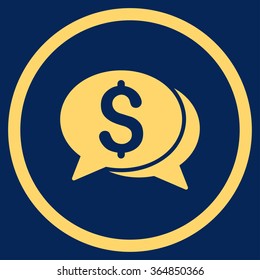 Financial Chat vector icon. Style is flat circled symbol, yellow color, rounded angles, blue background.