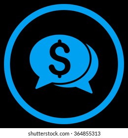 Financial Chat vector icon. Style is flat circled symbol, blue color, rounded angles, black background.
