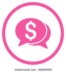 Financial Chat vector icon. Style is flat circled symbol, pink color, rounded angles, white background.