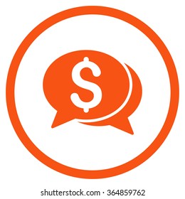 Financial Chat vector icon. Style is flat circled symbol, orange color, rounded angles, white background.