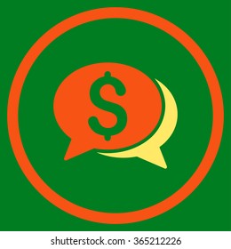 Financial Chat vector icon. Style is bicolor flat circled symbol, orange and yellow colors, rounded angles, green background.