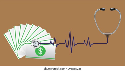 Financial Check Concept Vector Illustration. Stethoscope focusing the dollar sign money. Lawful money.