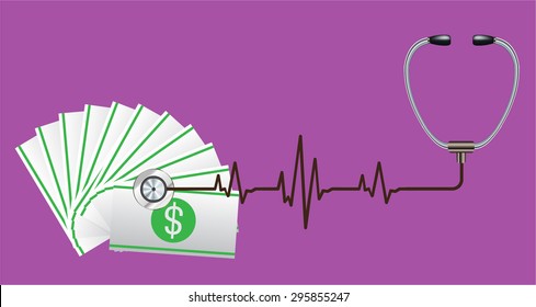 Financial Check Concept Vector Illustration. Stethoscope focusing the dollar sign money. Lawful money.
