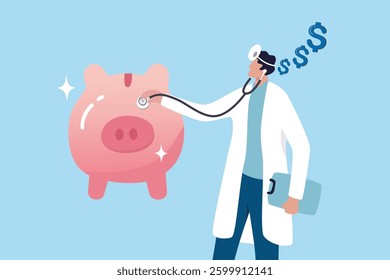 Financial check up, debt, budgeting, investment or saving analysis, wealth planning or money health check, risk or wealth preservation concept, doctor with stethoscope checking piggy bank saving.