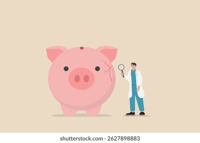 Financial check up, debt, budgeting, investment or saving analysis, wealth planning or money health check, risk preservation concept, doctor with stethoscope magnifying glass checking piggy bank