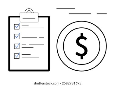 Financial checklist on clipboard with multiple marked checkboxes alongside a prominent dollar symbol representing financial targets. Ideal for finance, budgeting, planning, strategy, management