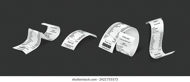 Financial checks for goods realistic vector illustration set. Bills for orders payment templates. Financial receipts 3d on transparent background