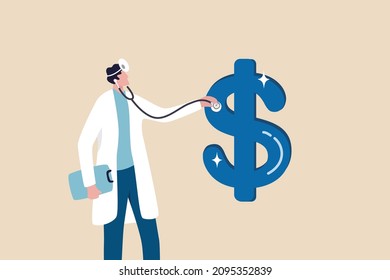 Financial checkup, diagnose income, expense and investment plan, wealth management or insurance concept, doctor using stethoscope to check on dollar money sign.