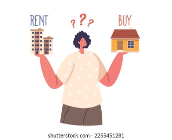 Financial Choice to Buy or Rent Apartment Isolated on White. Woman Choosing between Home Ownership and Rental. Doubting Character Making Decision. Cartoon People Vector Illustration