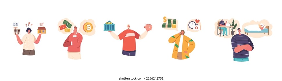 Personajes de Elección Financiera y Planificación Aislados en White Set. Servicios bancarios y préstamos para clientes. Inversión en dinero inteligente, cargos e impuestos Pago regular. Ilustración de vectores de personas de caricatura