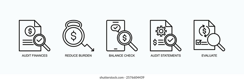 Financial Clarity And Control Icon Set Isolated Vector With Icon Of Audit Finances, Reduce Burden, Balance Check, Audit Statements, Evaluate In Outline Style